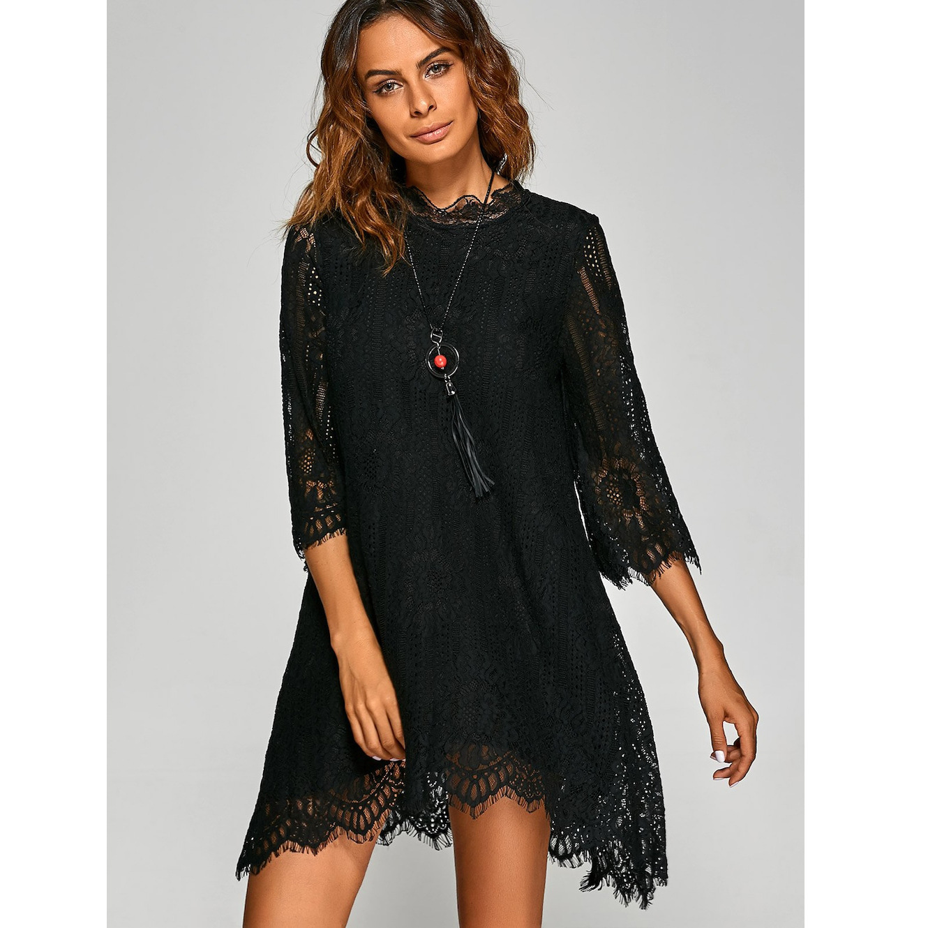 Elegant Sweet Style Women Loose Irregular Hem Plain Openwork Lace Mini Dress